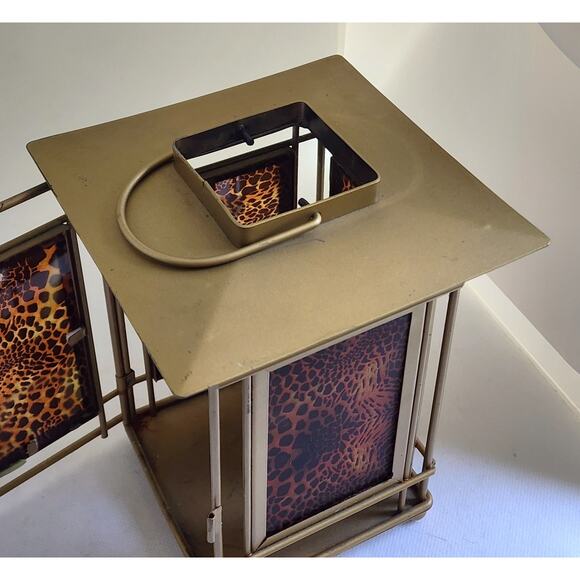 CANDLE HOLDER/Gold Tone-Leopard Glass Sides, Handle to Hang, Latch Door - Picture 7 of 11